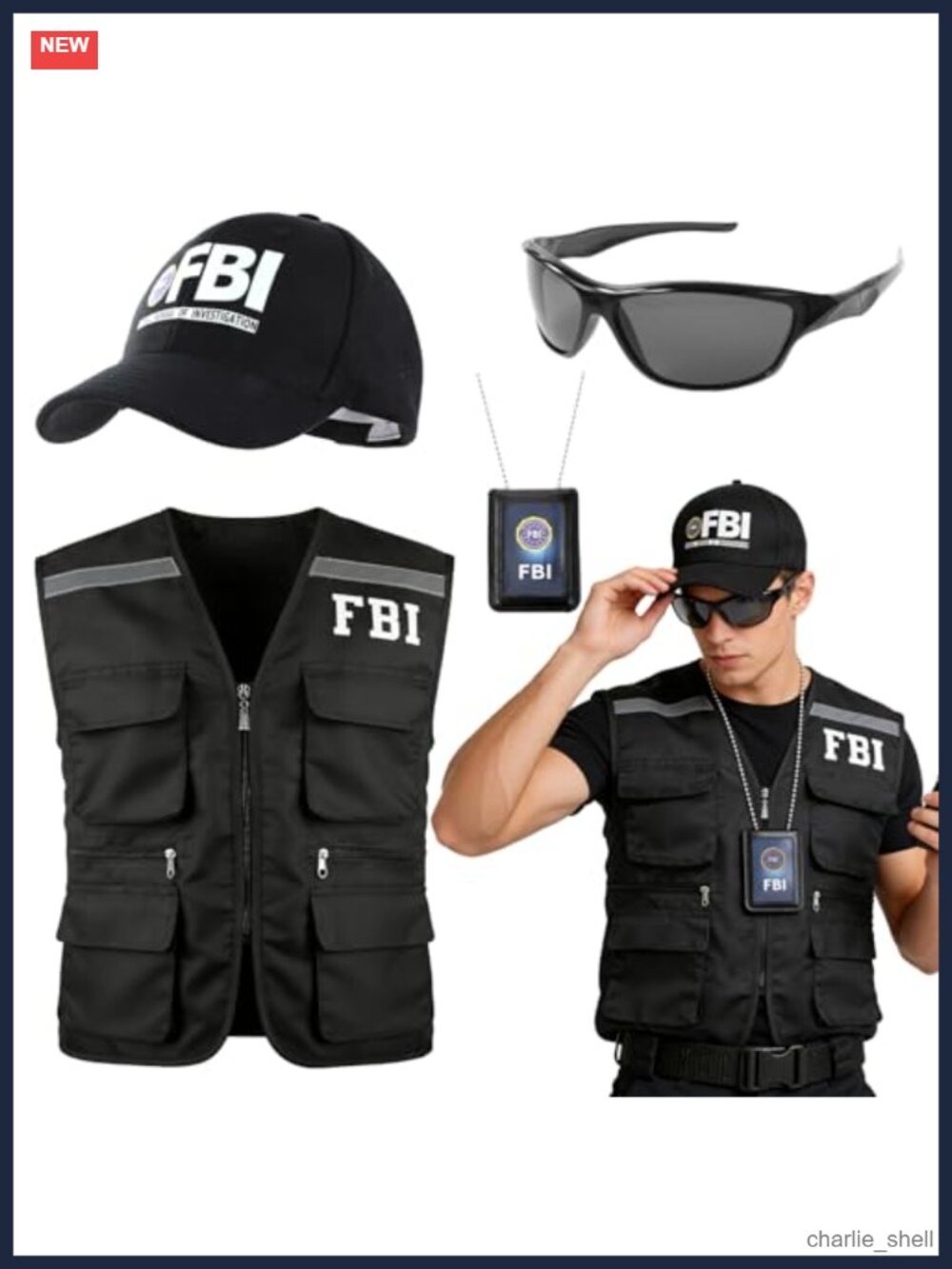 FBI Agent Costume Set Vest Hat Badge Sunglasses Roleplay